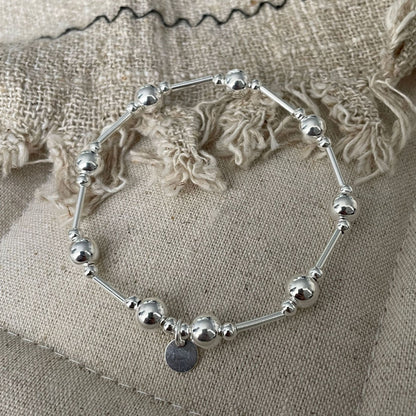 S925 Sterling Silver Round Bead Bracelet with Fine Lines and Elastic Bracelet