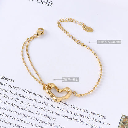 Fashionable and Minimalist Titanium Steel Plated 18k Gold Peach Heart Double-layer Steel Ball Bracelet