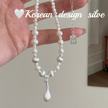 S925 Sterling Silver Brushed Water Droplet Pearl Necklace, Layered and High-end for Women