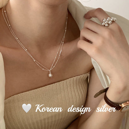S925 Sterling Silver Double-layer Irregular Round Bead Necklace, Layered Collarbone Chain for Women
