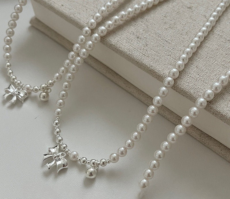S925 Sterling Silver High-quality Crystal Pearl Bow Bead Necklace