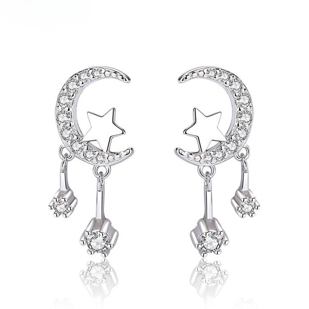 S999 Sterling Silver Star Moon Earrings, Moon Star Zircon Earrings Tassels