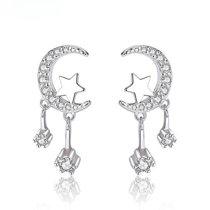 S999 Sterling Silver Star Moon Earrings, Moon Star Zircon Earrings Tassels