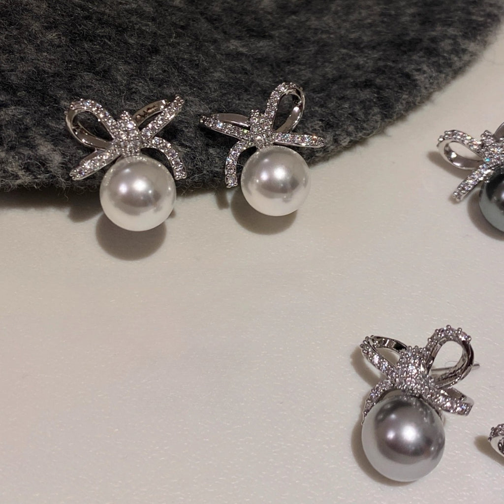 S999 Silver Needle Earnail Full Diamond Bow Artificial Pearl Earnail Female