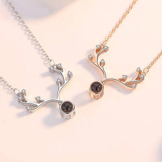 Projection Necklace 100 Languages “I Love You” Deer Antlers, Collarbone Chain, Silver Jewelry