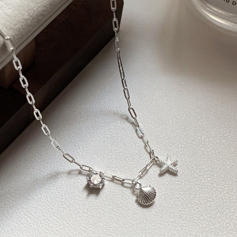 S925 Pure Silver Starfish Shell Inlaid Diamond Necklace for Women, Layered Collarbone Chain