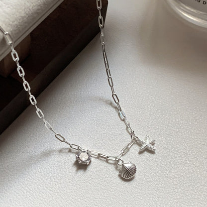 S925 Pure Silver Starfish Shell Inlaid Diamond Necklace for Women, Layered Collarbone Chain