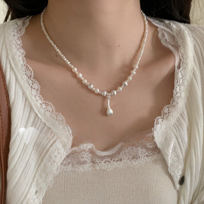 S925 Sterling Silver Brushed Water Droplet Pearl Necklace, Layered and High-end for Women