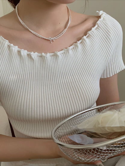 S925 Sterling Silver Bow Double Layered White Pearl Necklace Layered with High-end Collarbone Chain