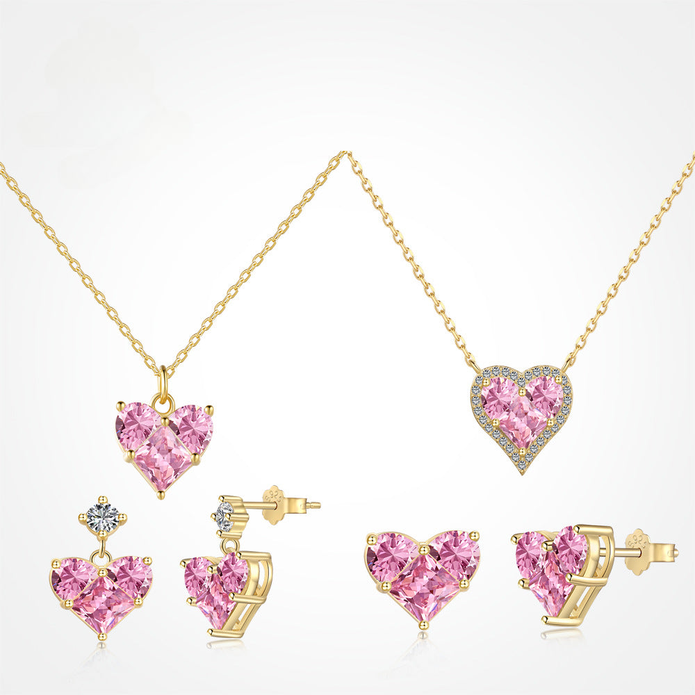S925 Silver Pink Heart-shaped Zircon Jewelry Necklace Earrings