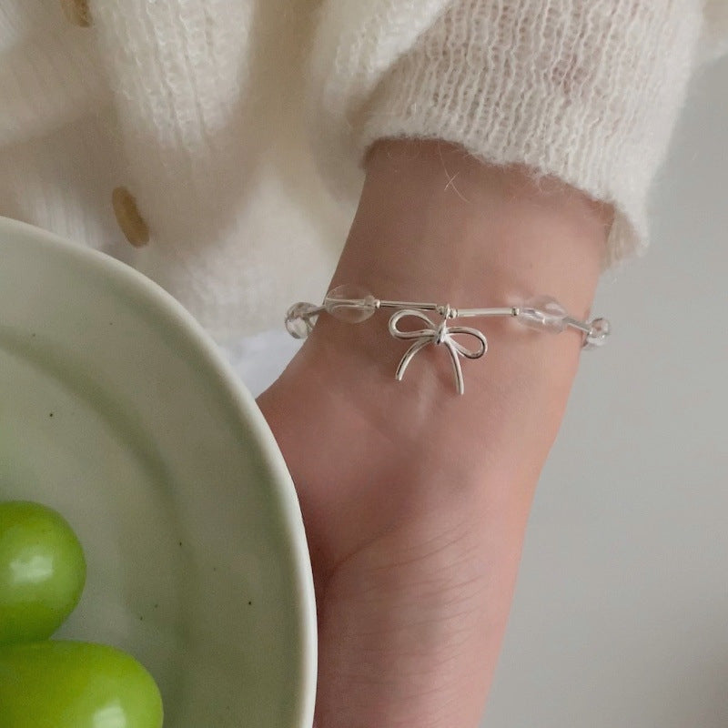 S925 Sterling Silver Bow, White Crystal Straight Tube Bracelet, Women's Layered Wear