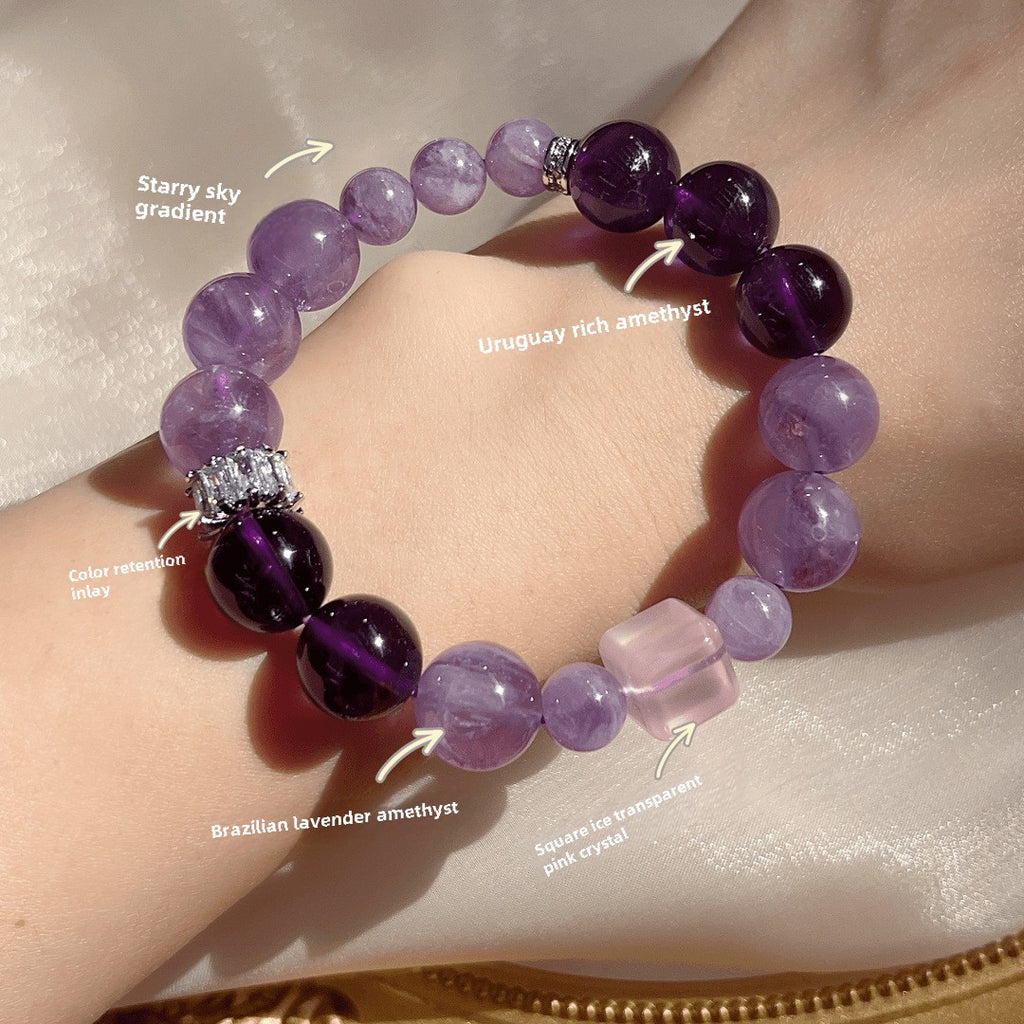 Pulsera multitesoro de amatista natural con degradado de cielo estrellado y color morado 