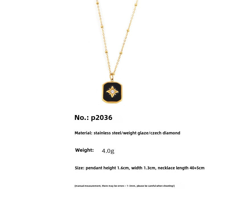 Black Acrylic Oil Dripping Diamond Studded Star Square Necklace Stainless Steel Gold-plated